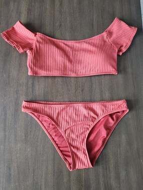 Cabana Del Sol Off The Shoulder Terracotta Ribbed Bikini 2 Piece Swimsuit M